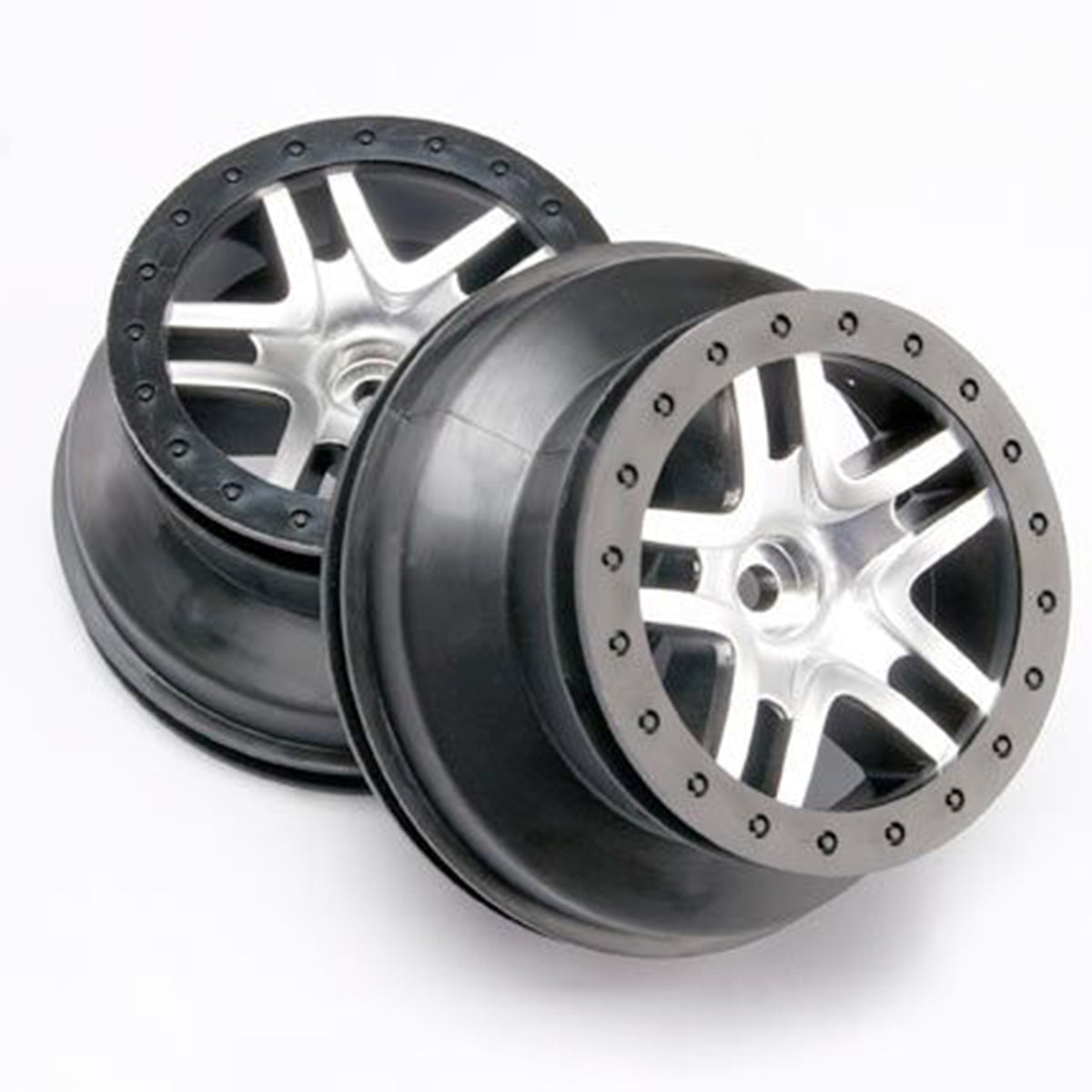 Traxxas Wheels, SCT Split-Spoke, Satin Chrome, Black Beadlock Style, Dual Profile (2.2' outer, 3.0' inner) (2WD front) (2)