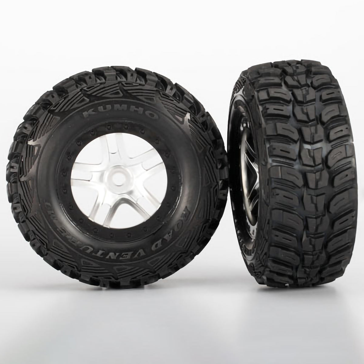 Traxxas Tires & Wheels, Assembled, Glued (S1 ultra-soft) (SCT Split-Spoke satin chrome, black beadlock style wheels, dual profile (2.2' outer, 3.0' inner), Kumho tires, foam inserts) (2) (F/R)