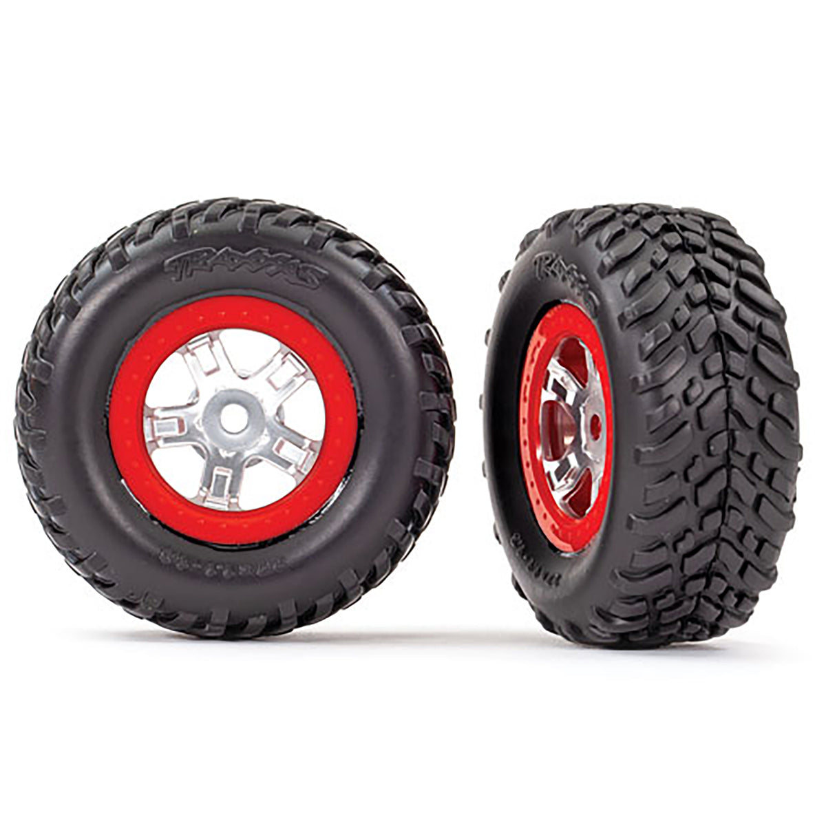 Traxxas SCT Pre-Mounted Tires & Wheels w/Red Beadlock (Satin Chrome) (2) 1/16th