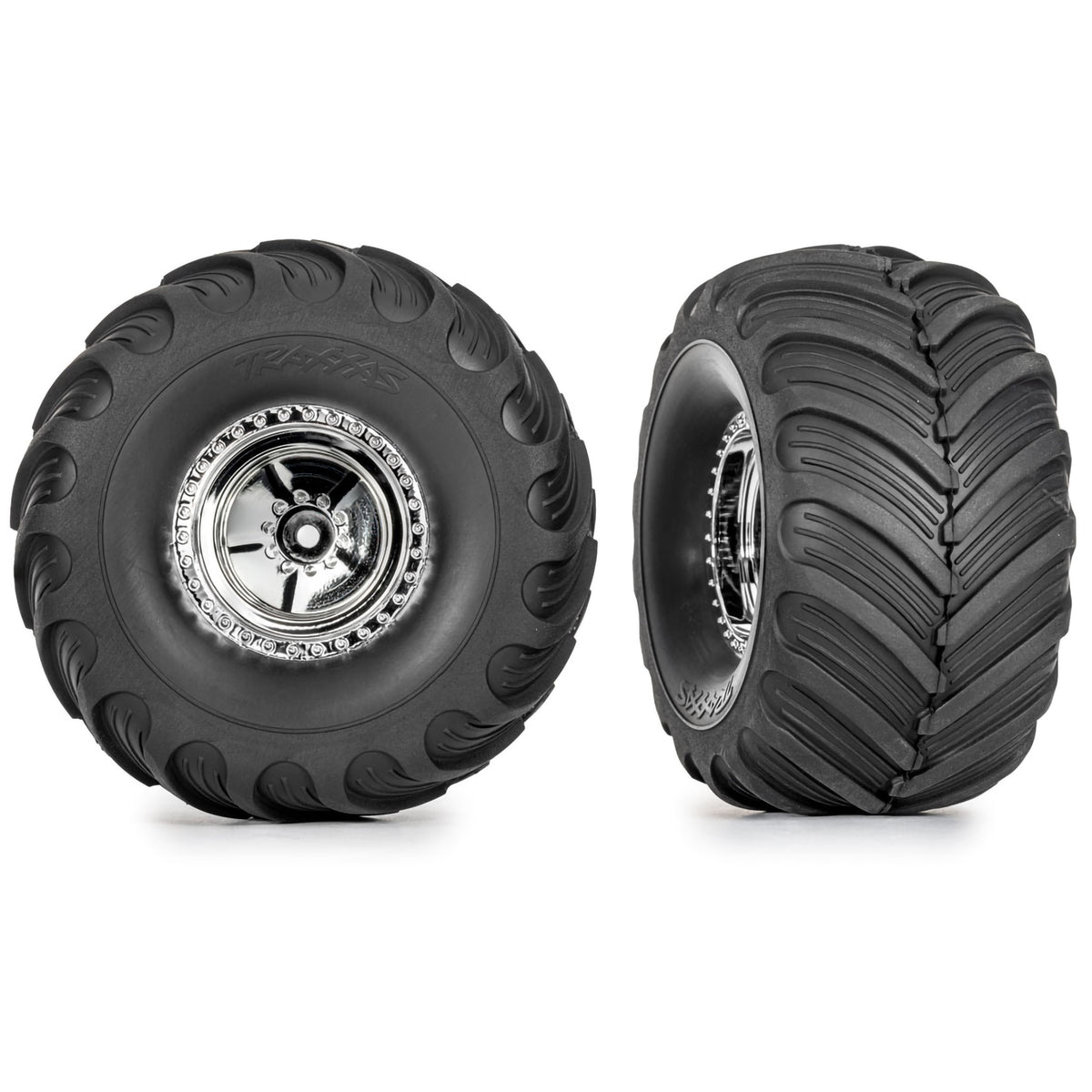 Traxxas Tires & Wheels, Assembled (Chrome 1.2" wheels, Chevron 3.0 x 1.0" tires)(2)