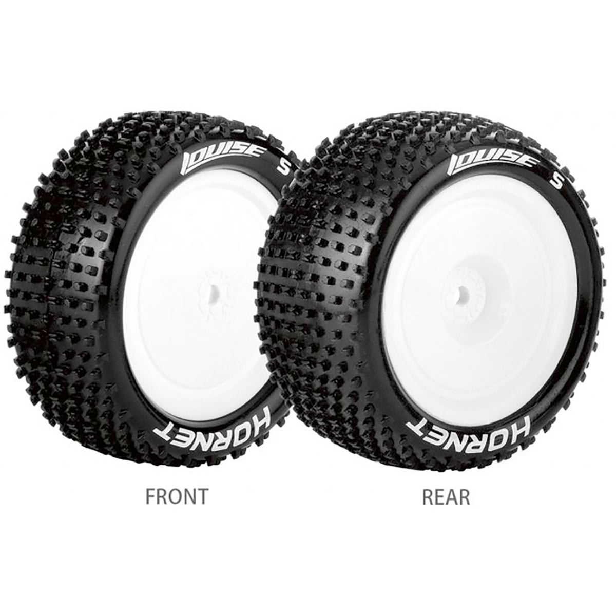 Louise R/C E-Hornet 1/10 4WD Front Buggy Tire, Soft, Mounted on White Rim, for Kyosho 12mm Hex