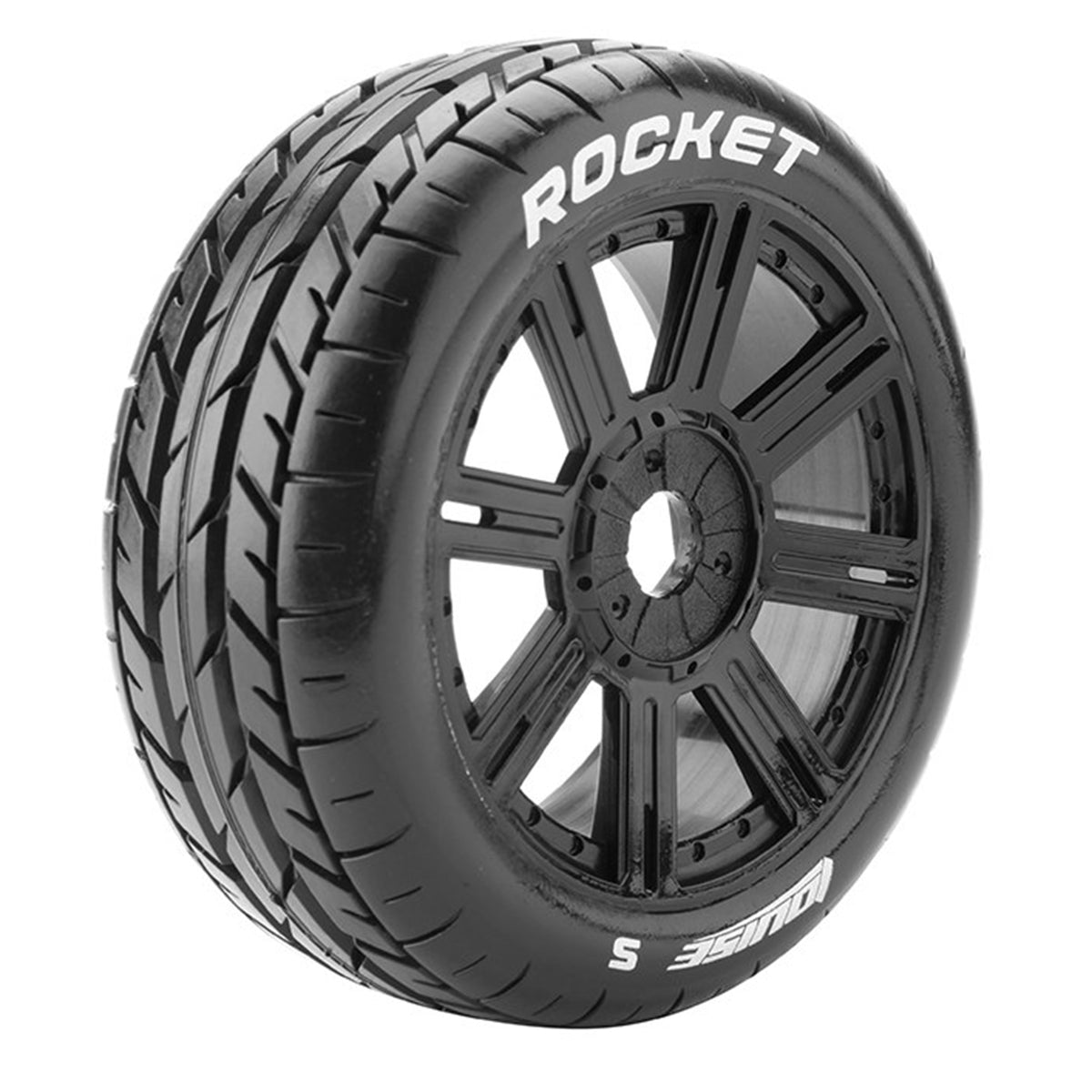 Louise R/C B-Rocket 1/8 Off-Road Buggy Tires, 17mm Hex, Mounted on Black Spoke Rim, Soft, Front/Rear (2)