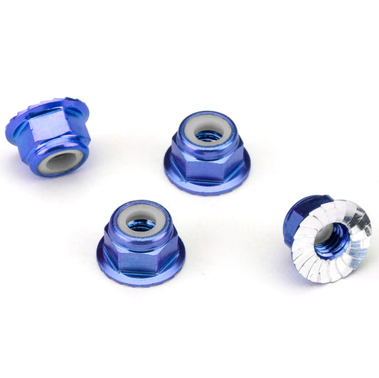 Traxxas 4mm Aluminum Flanged Serrated Nuts (Blue) (4)