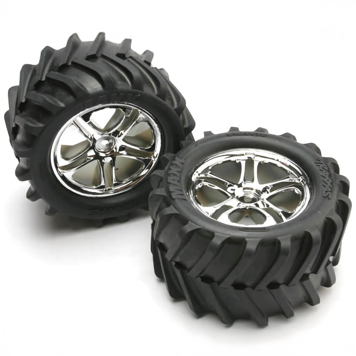 Traxxas Tires & Wheels, Assembled, Glued (SS (Split-Spoke) chrome wheels, Maxx® Chevron tires, foam inserts) (2) (fits Revo®/T-Maxx®/E-Maxx with 6mm axle and 14mm hex)