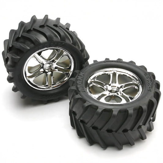 Traxxas Tires & Wheels, Assembled, Glued (SS (Split-Spoke) chrome wheels, Maxx® Chevron tires, foam inserts) (2) (fits Revo®/T-Maxx®/E-Maxx with 6mm axle and 14mm hex)