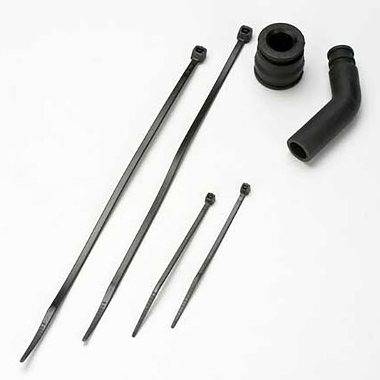 Traxxas Pipe Coupler, Molded (black)/Exhaust Deflector (rubber, black)/Cable Ties, Long (2)/Cable Ties, Short (2)