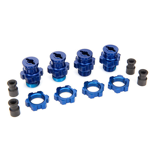 Traxxas Wheel hubs, Splined, 17mm, Short (2), Long (2)/wheel Nuts, Splined, 17mm (4) (blue-anodized)/Hub Retainer M4x0.7 (4)/Axle Pin (4)/Wrench, 5mm