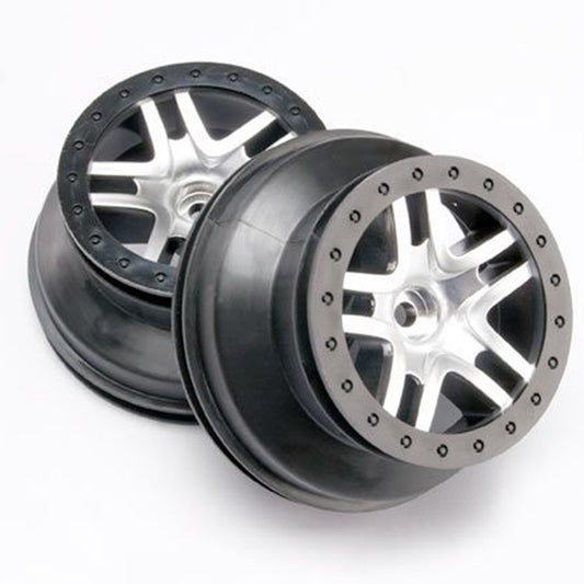 Traxxas Wheels, SCT Split-Spoke, Satin Chrome, Black Beadlock Style, Dual Profile (2.2' outer, 3.0' inner) (2WD front) (2)