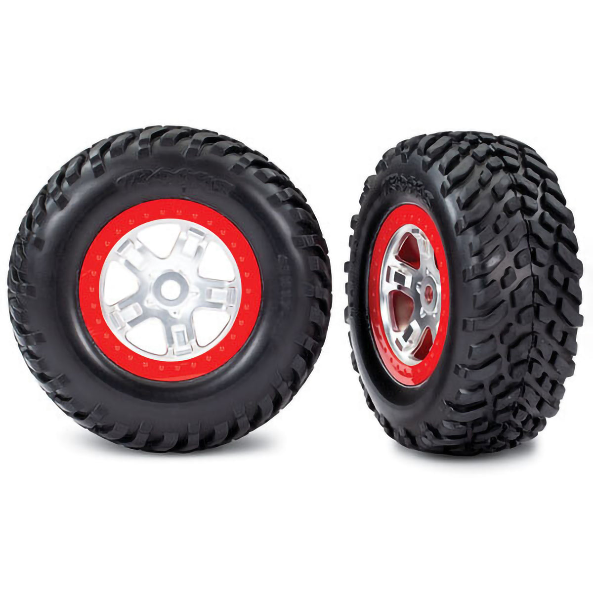 Traxxas Tires & wheels, Assembled, Glued (SCT, satin chrome, red beadlock wheels, dual profile (2.2' outer, 3.0' inner), SCT Off-Road Tires, foam inserts) (2)