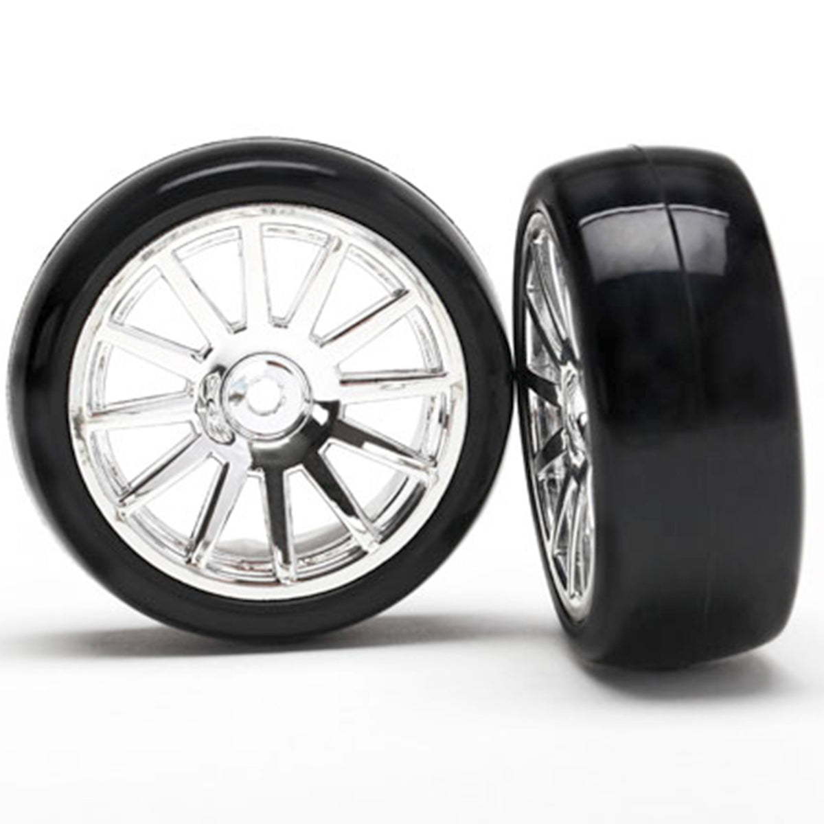 Traxxas Tires & Wheels, Assembled, Glued (12-spoke chrome wheels, slick tires) (2)