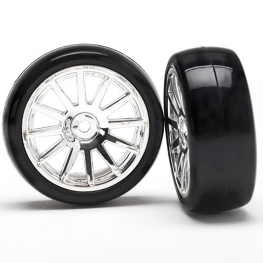 Traxxas Tires & Wheels, Assembled, Glued (12-spoke chrome wheels, slick tires) (2)