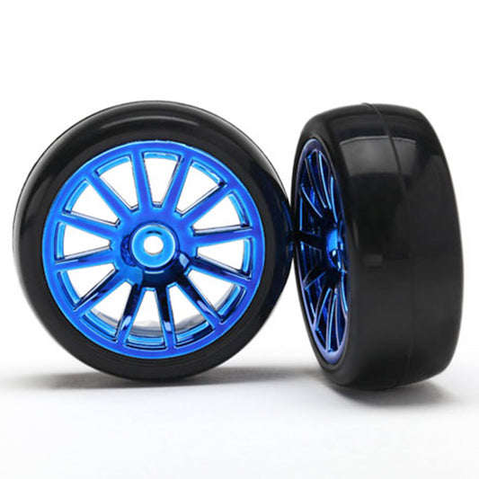 Traxxas Tires & Wheels, Assembled, Glued (12-spoke blue chrome wheels, slick tires) (2)
