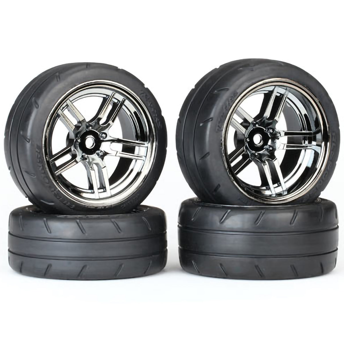 Traxxas Tires & Wheels, Assembled, Glued (split-spoke black chrome wheels, 1.9' Response tires, foam inserts) (front (2), rear (extra wide) (2)) (VXL rated)