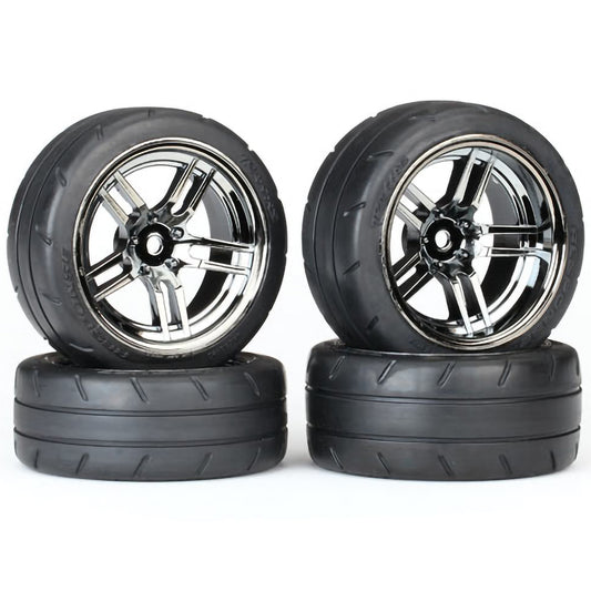 Traxxas Tires & Wheels, Assembled, Glued (split-spoke black chrome wheels, 1.9' Response tires, foam inserts) (front (2), rear (extra wide) (2)) (VXL rated)