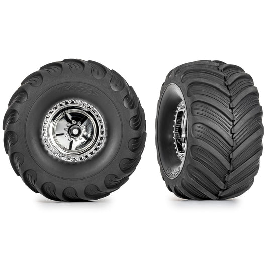 Traxxas Tires & Wheels, Assembled (Chrome 1.2" wheels, Chevron 3.0 x 1.0" tires)(2)