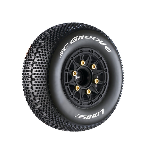 Louise R/C SC-Groove 1/10 Short Course Tires, Soft, 12, 14 & 17mm Removable Hex on Black Rim (2)