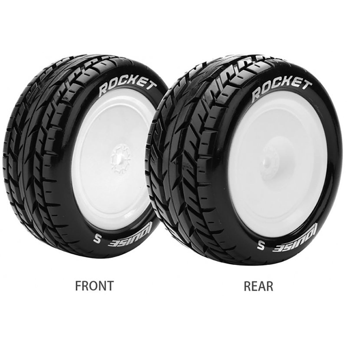 Louise R/C E-Rocket 1/10 4WD Rear Buggy Tire, Soft, Mounted on White Rim, for Kyosho 12mm Hex