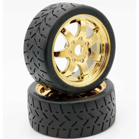 Power Hobby 1/8 Gripper 42/100 Belted Mounted Tires 17mm Gold Wheels