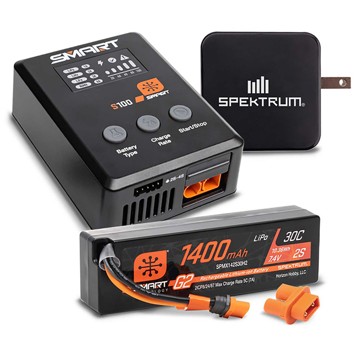 Spektrum RC Smart Powerstage Bundle: 1400mAH 2S 30C Lipo Battery (IC2)/S100 Charger/65W Power Block/Adapter